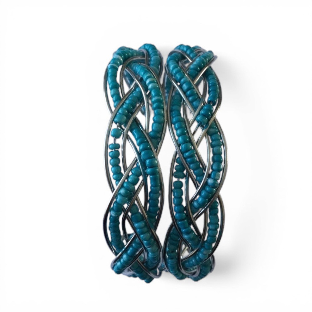 Braided Seed Bead Cuff Bracelet- Teal & Silver - Picture 9 of 12